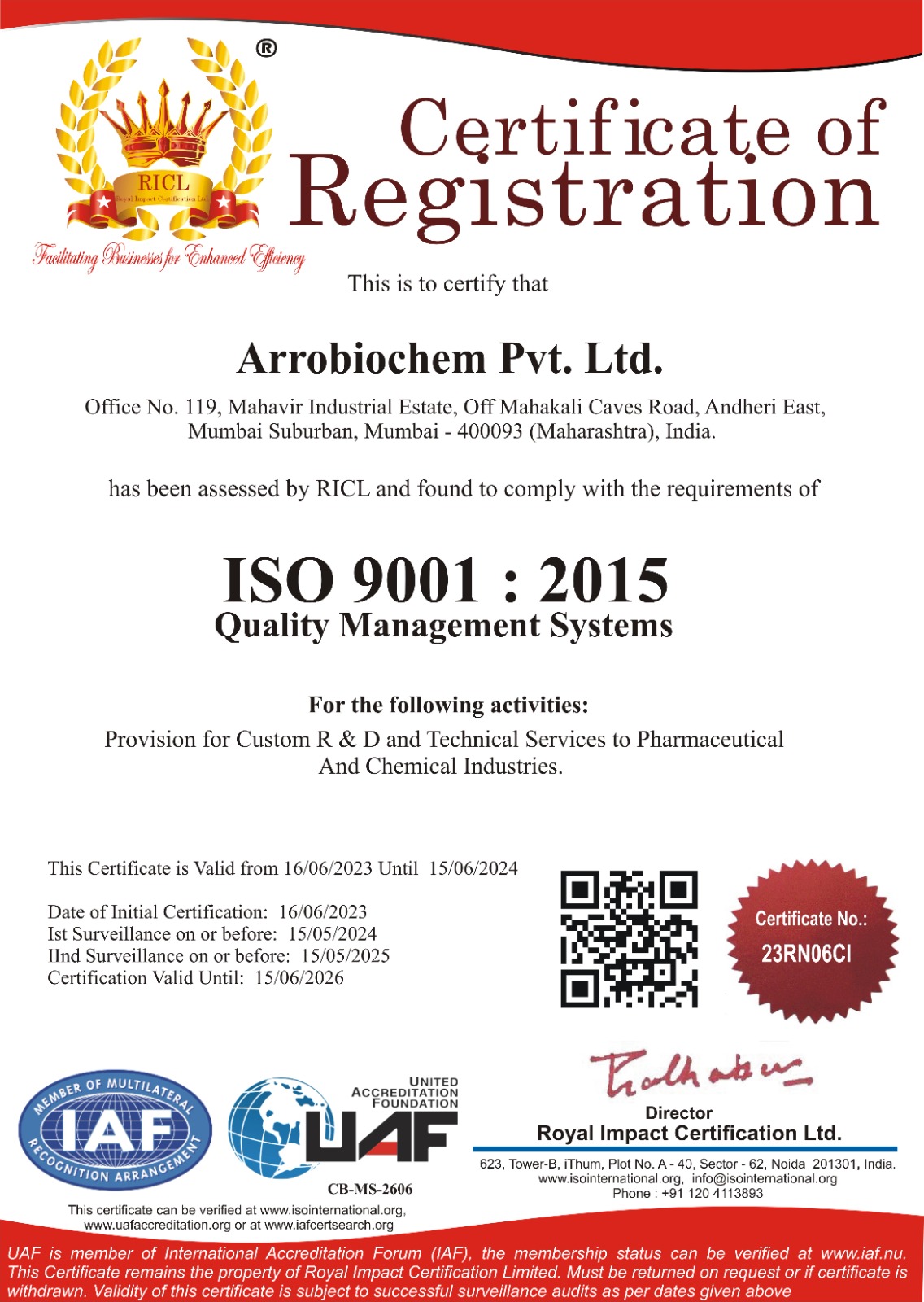 Arrobiochem ISO 9001:2015 Certificate